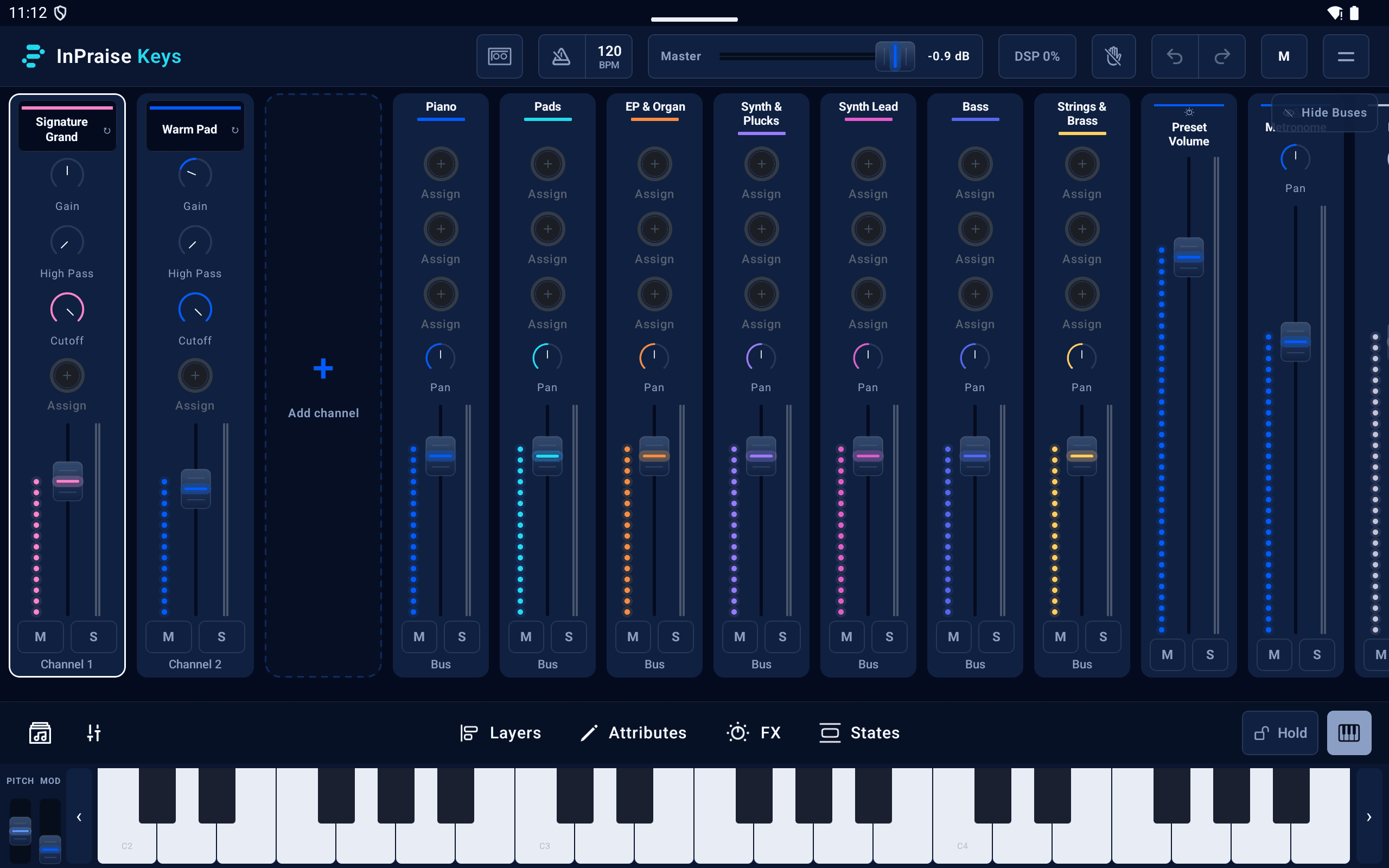 InPraise Keys tablet mixer with layered instruments, buses and an onscreen keyboard
