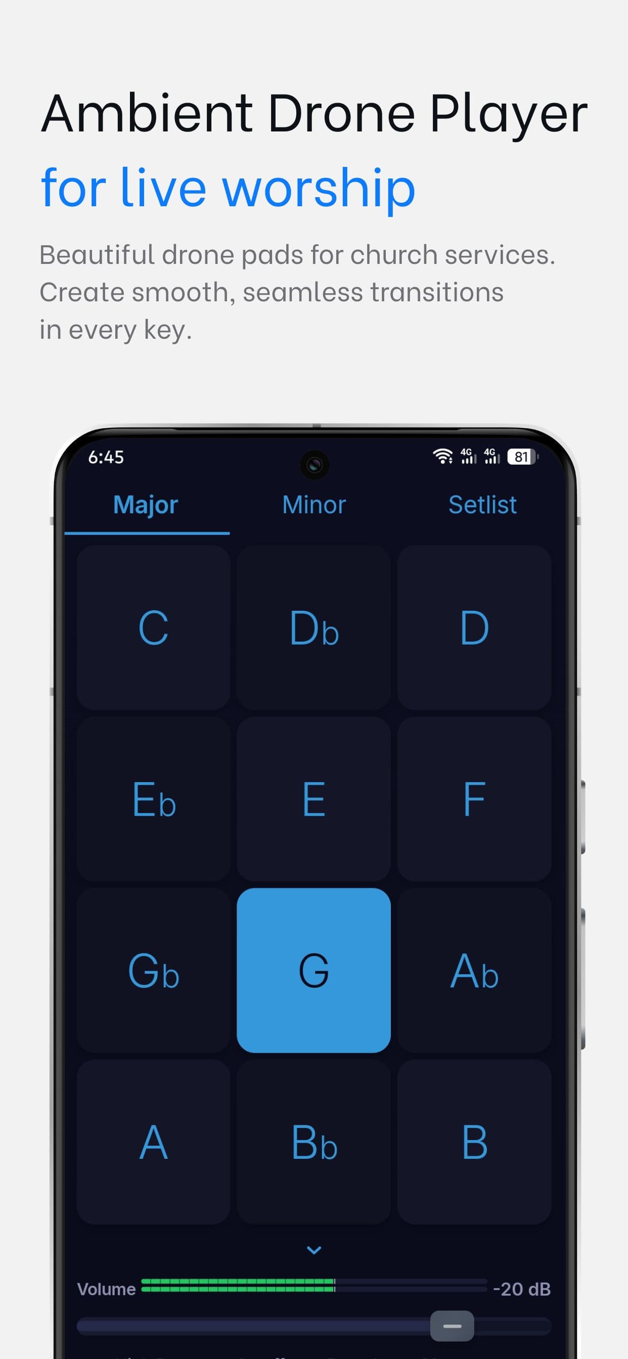 WorshipPadsPro on Android — pad player with G selected and volume