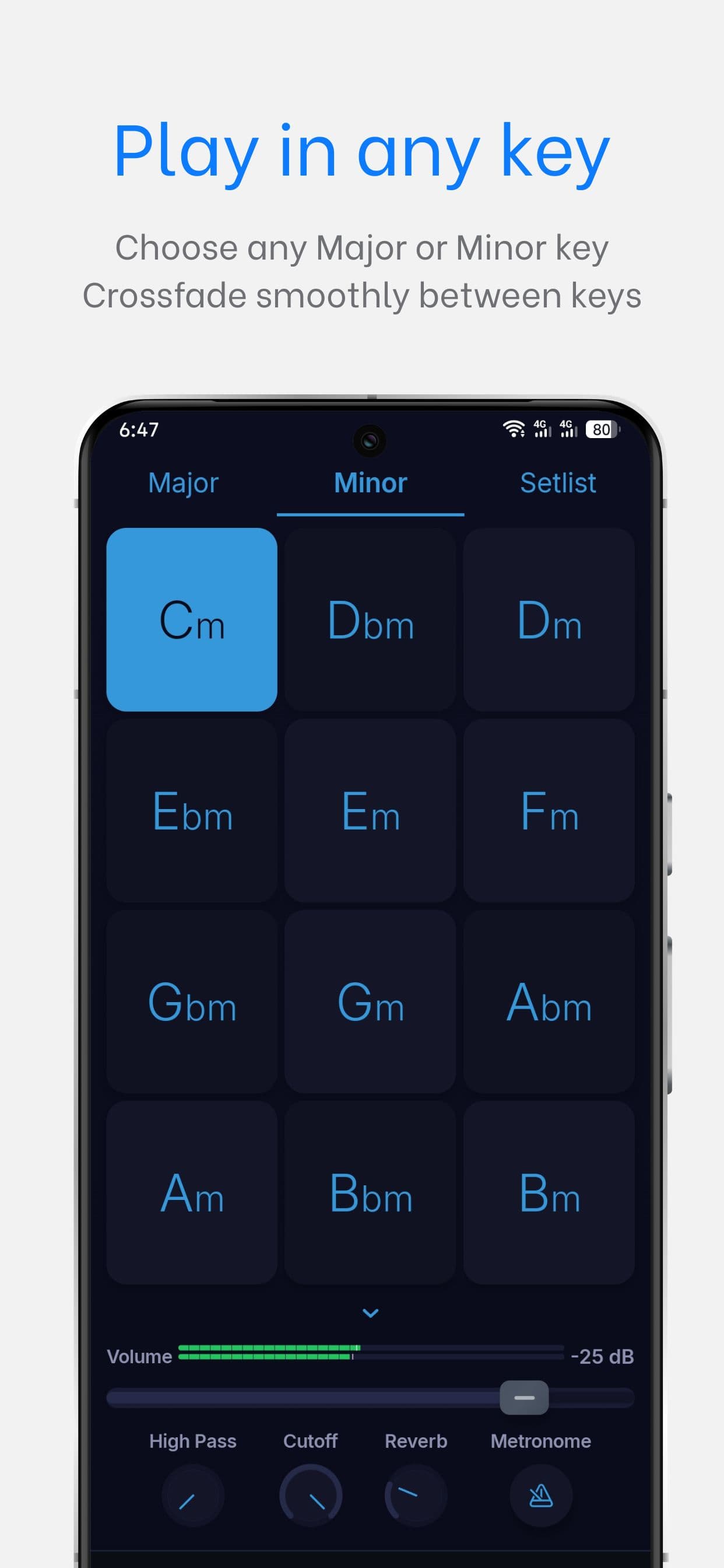 WorshipPadsPro on Android — play in any major or minor key
