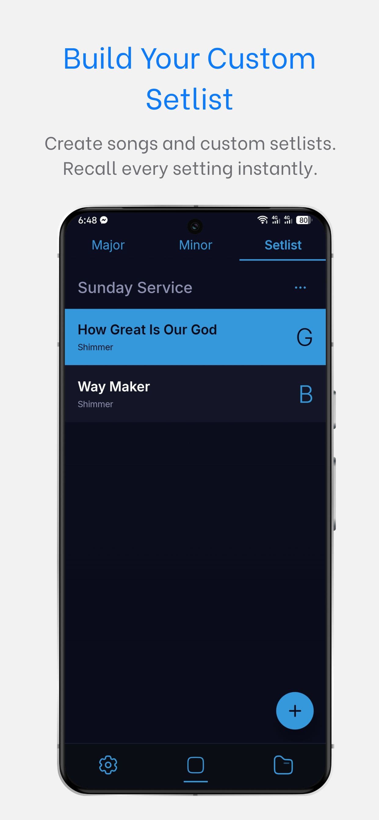 WorshipPadsPro on Android — Sunday setlist with song keys