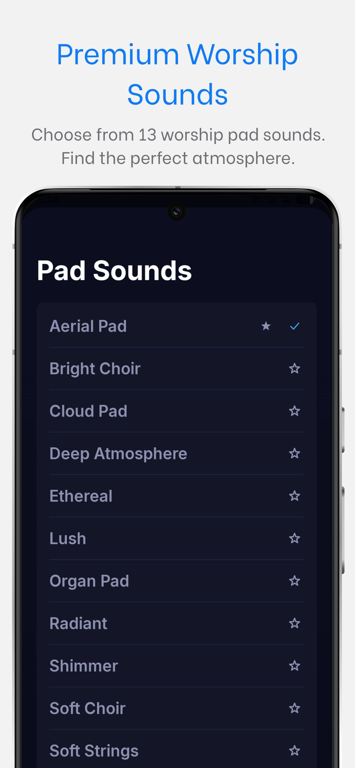 WorshipPadsPro on Android — pad sounds including Aerial Pad and Soft Choir
