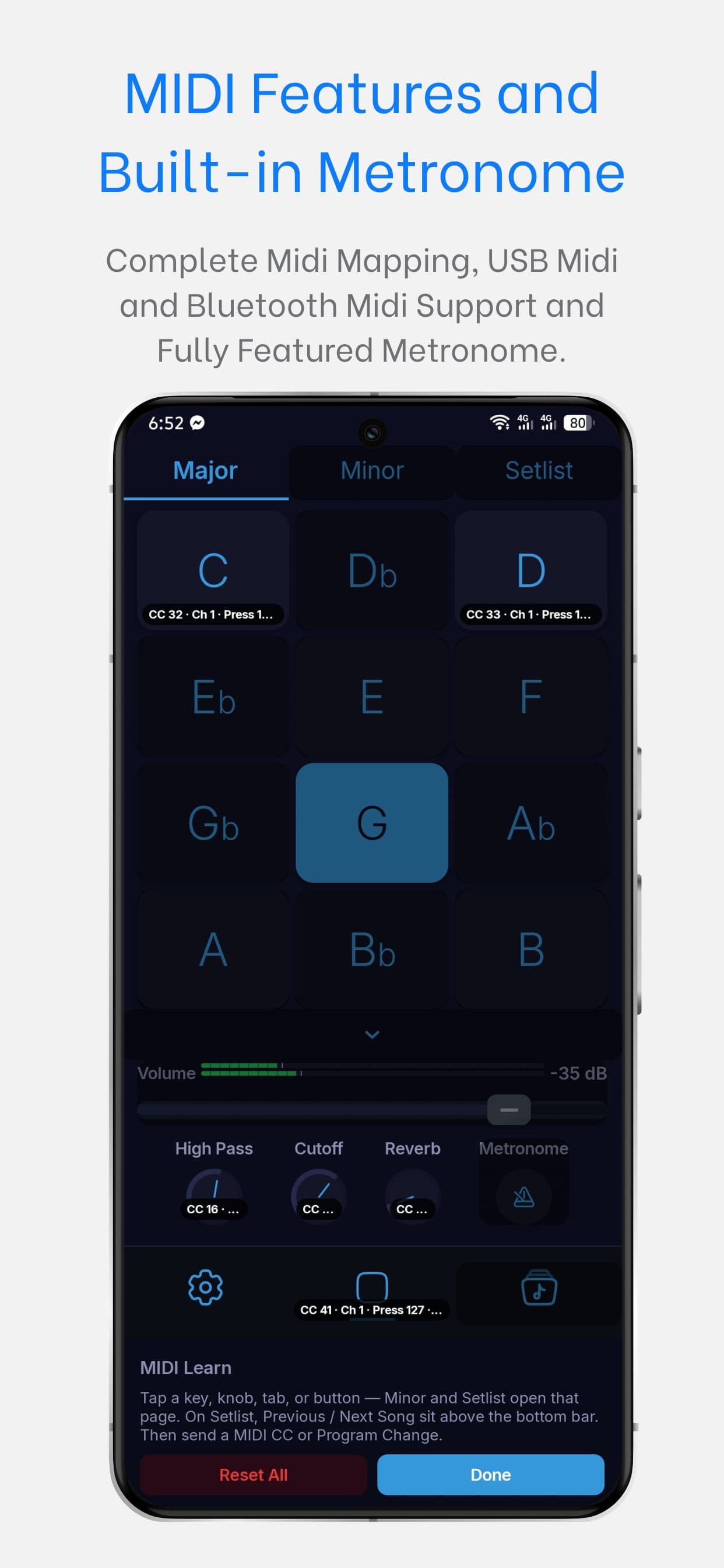 WorshipPadsPro on Android — MIDI learn on the pad player with G selected
