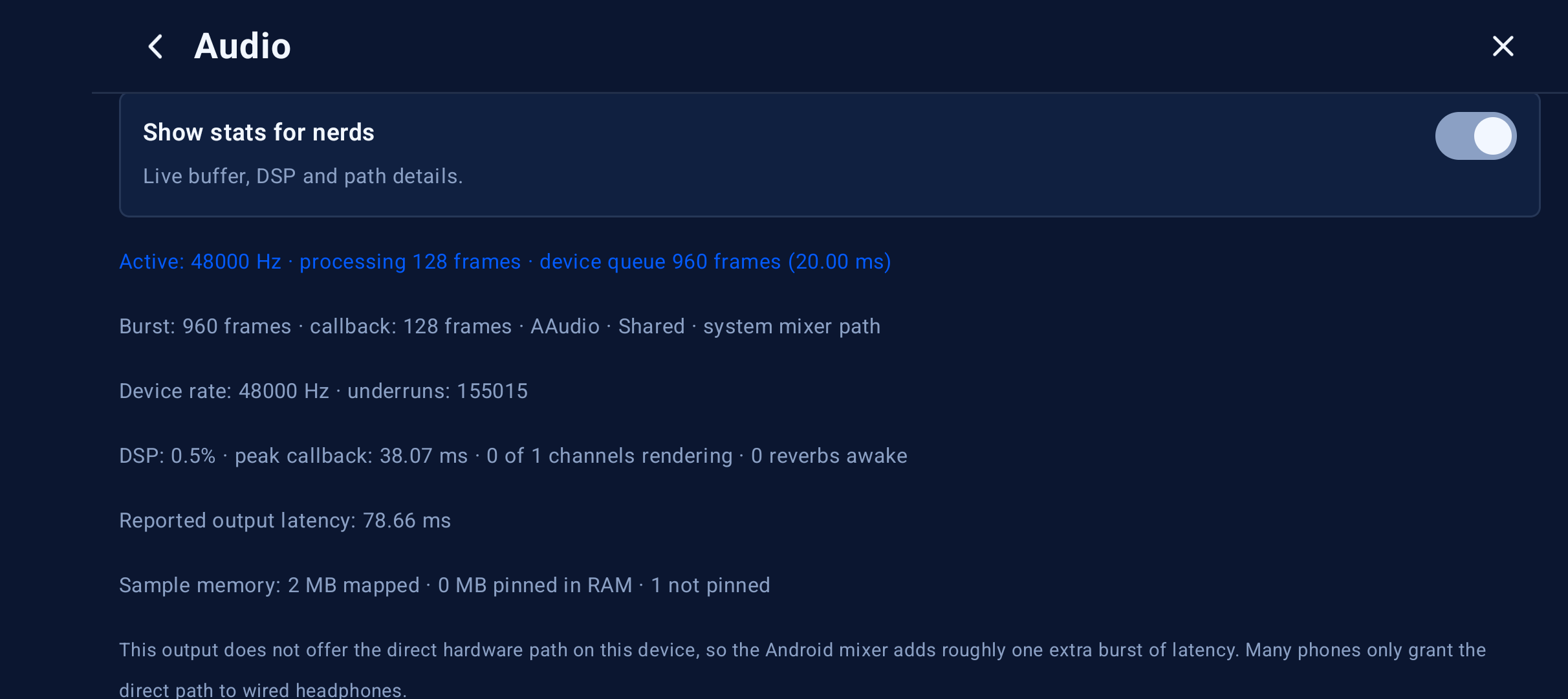 Live audio status statistics on Pixel 10a
