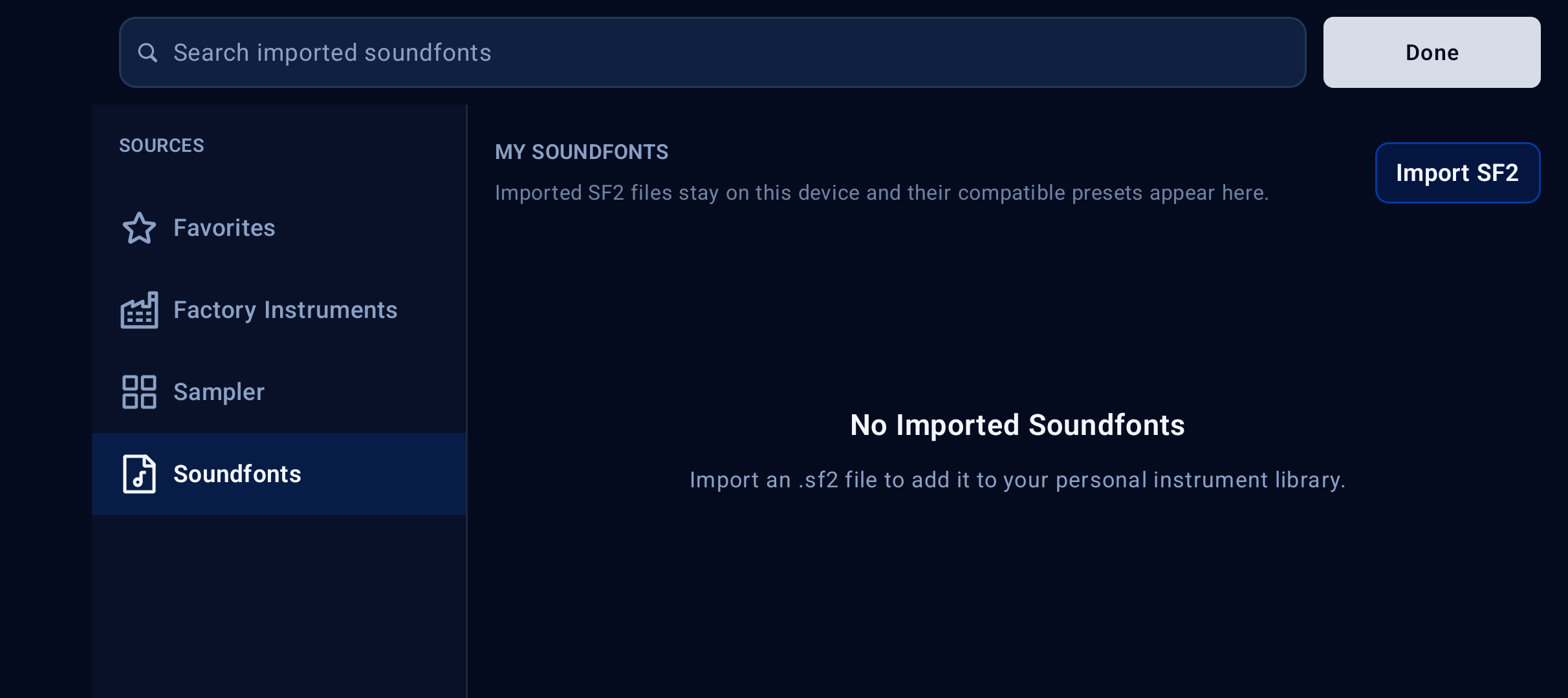 SoundFonts import pane on Pixel 10a