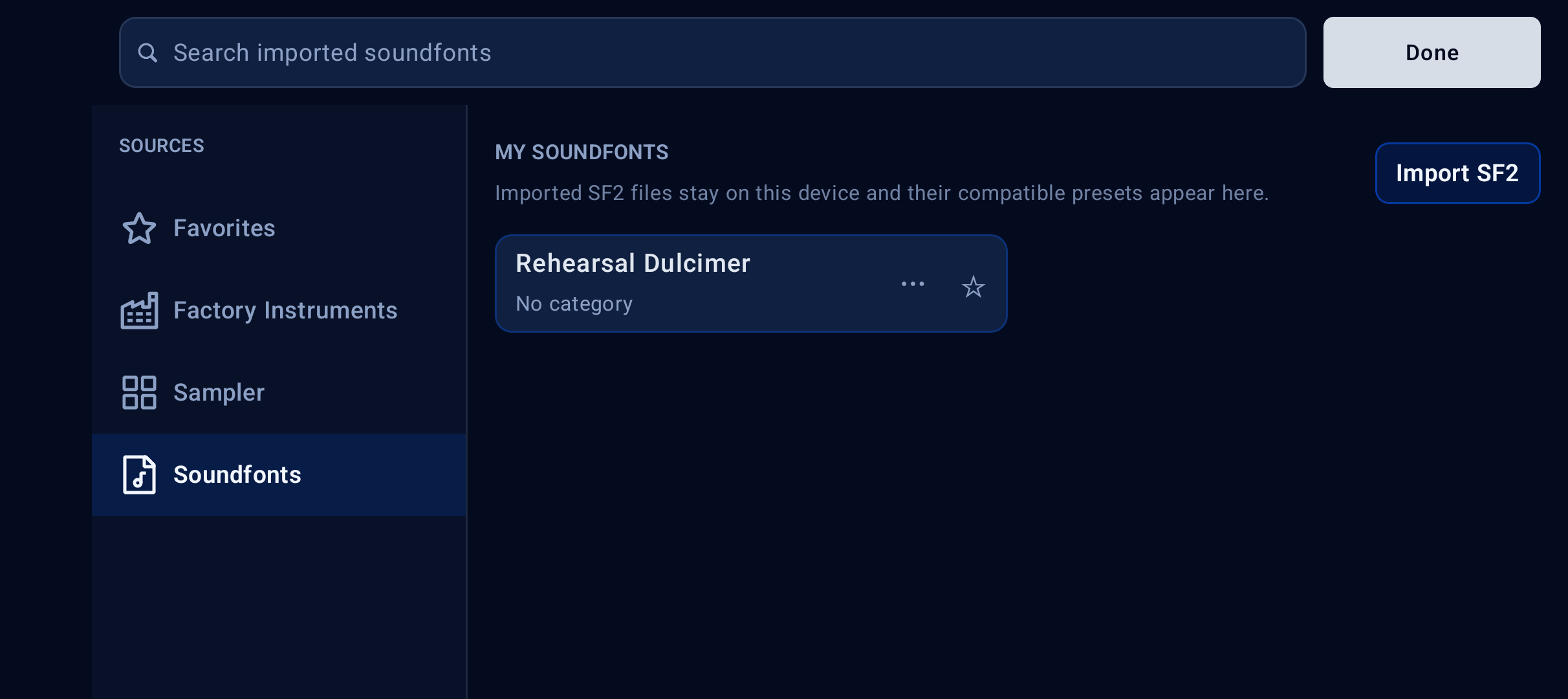 Imported SoundFonts library entry on Pixel 10a