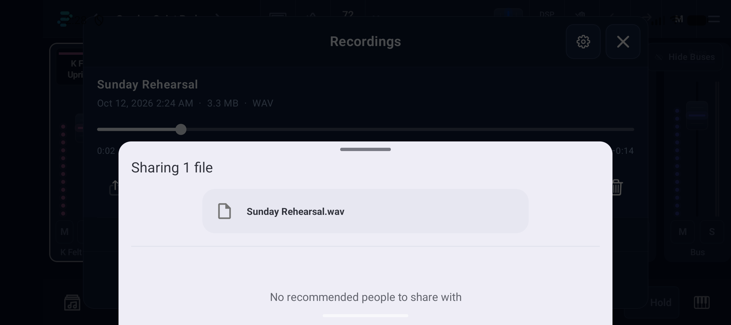 Android share sheet for a rehearsal WAV on Pixel 10a