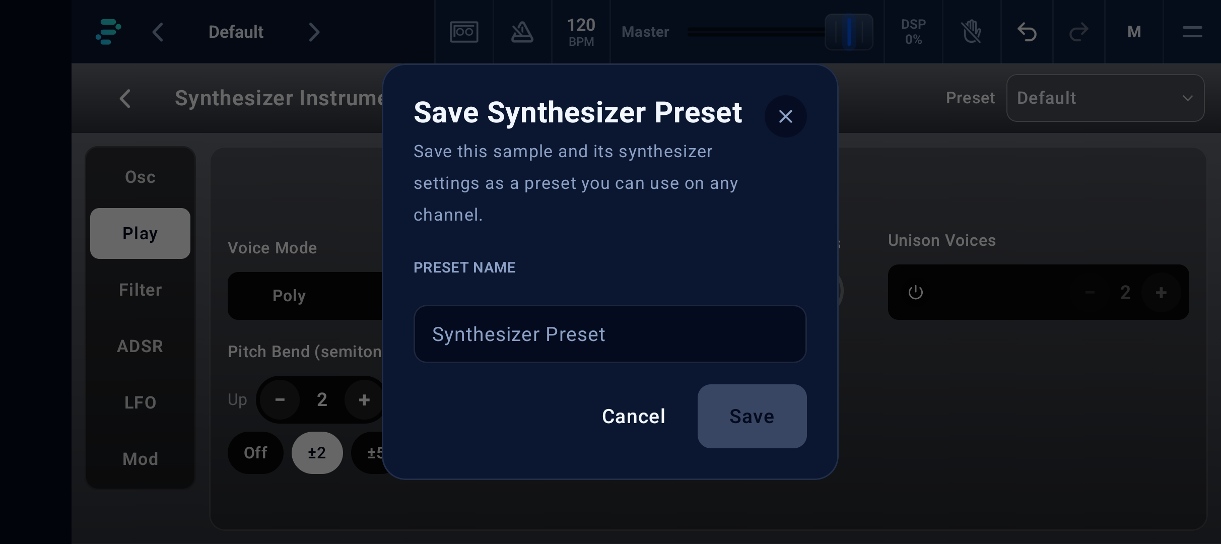 Synthesizer preset save sheet on Pixel 10a